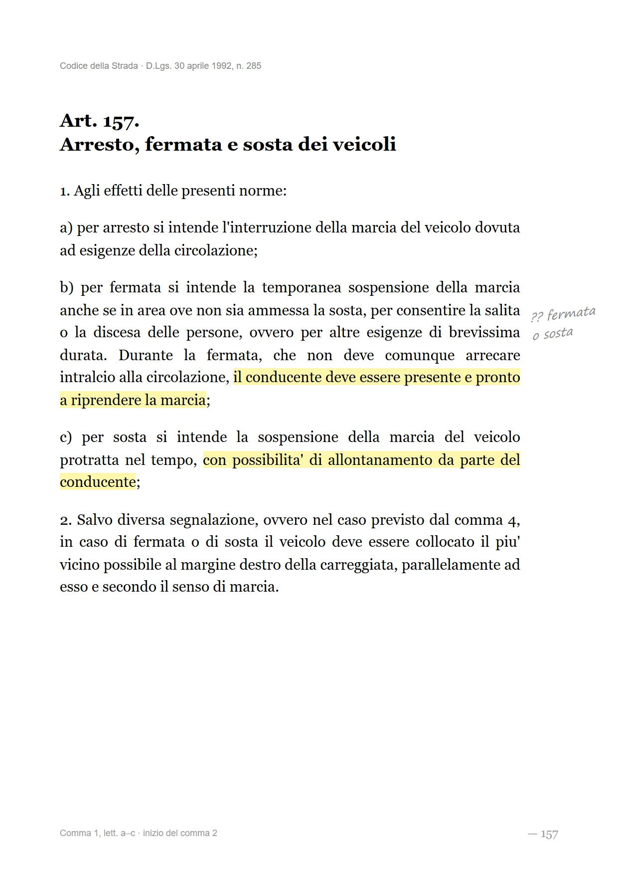 Fermata, sosta e arresto: testo del manuale